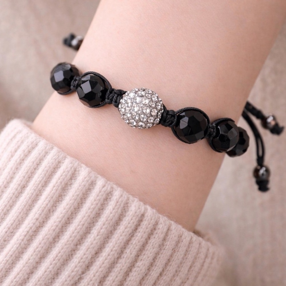 Shamballa Beaded Bracelet OS Black Glass Disco Ball Macrame Slider Artsy Boho